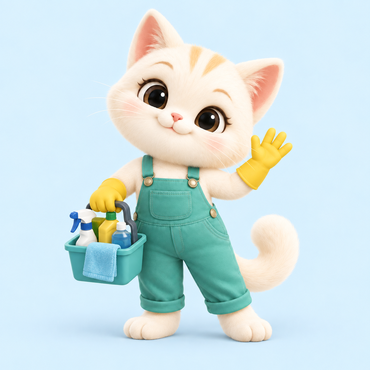Done & Dusted cat waving with both eyes open and carrying a cleaning caddy